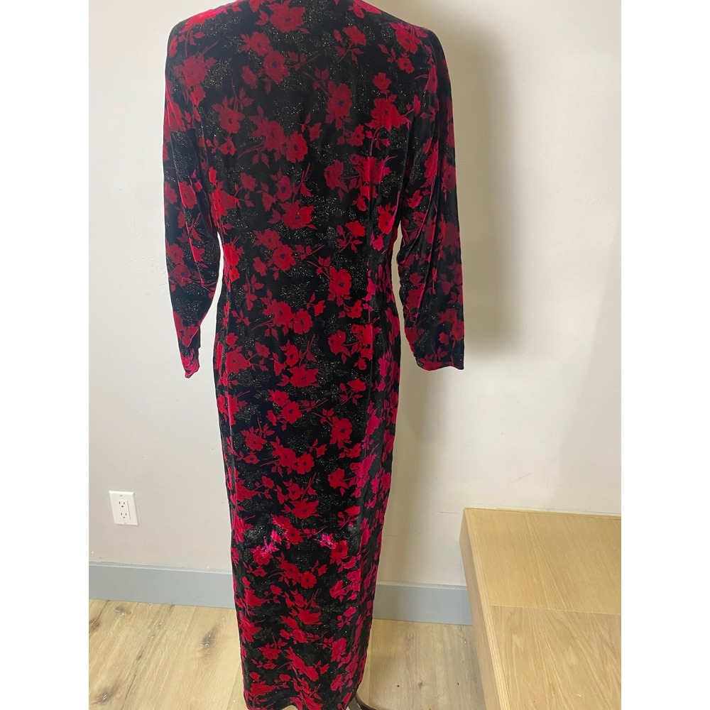 Vintage 60s 70s Black Fuschia Floral Velvet Sparkles Cheongsam Maxi Dress M/L - Picture 6 of 8